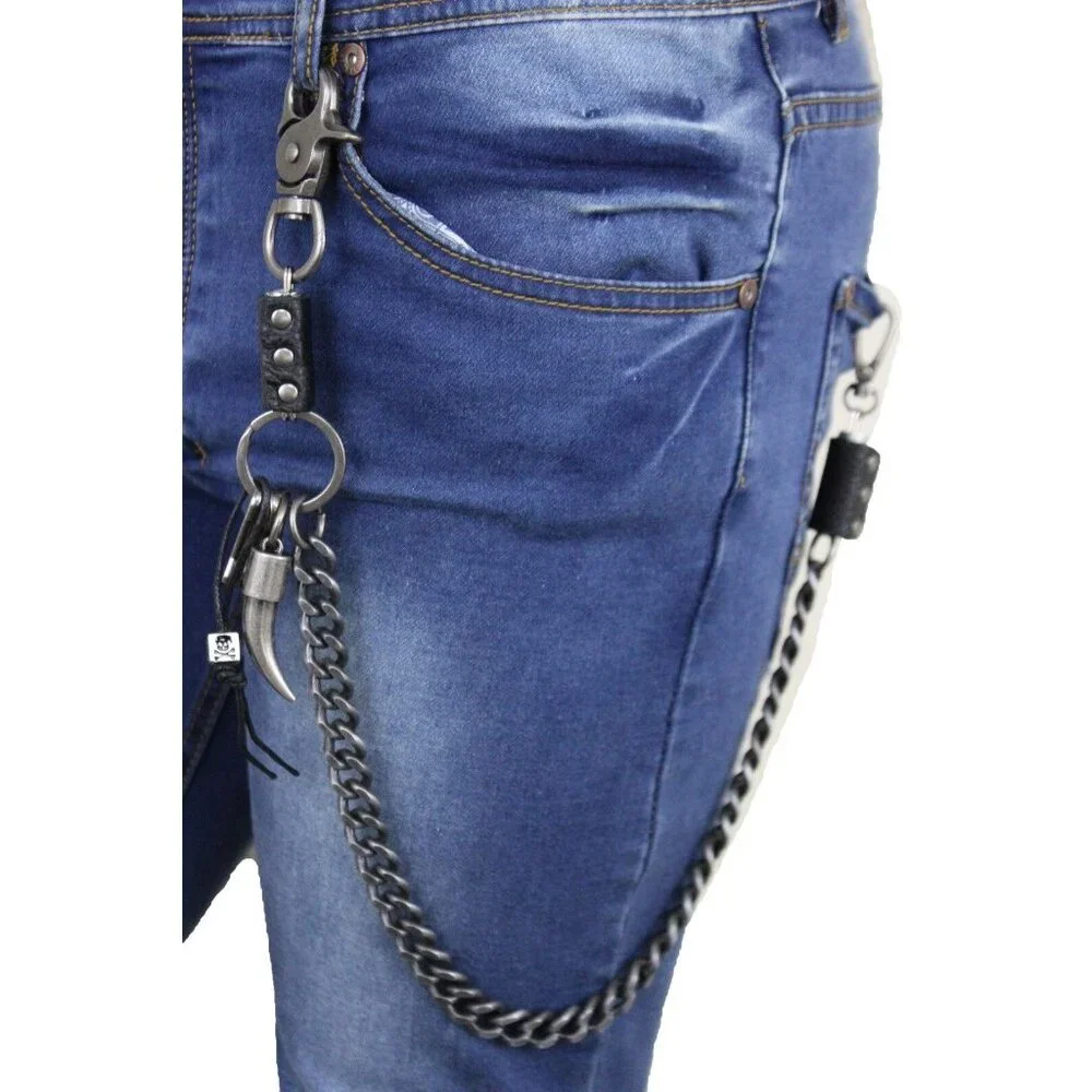 New Men Silver Metal Wallet Chain Bull Long Horn Western Skull Charm Biker Bold